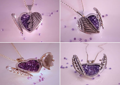 Breaking Waves Cremation Jewellery Angel Wings Heart Shape Necklace with Amethysts inside 4 angles shown