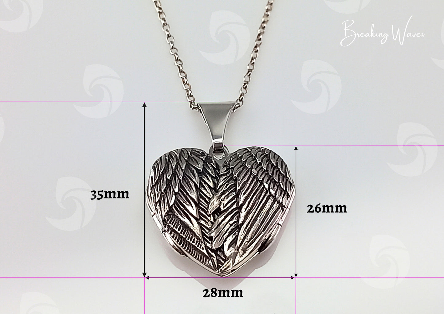 Breaking Waves Cremation Jewellery Angel Wings Heart Shape Neclace Parameters 