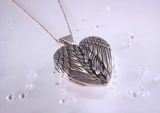 Breaking Waves Angel Wings Heart Shape Sterling Silver Necklace