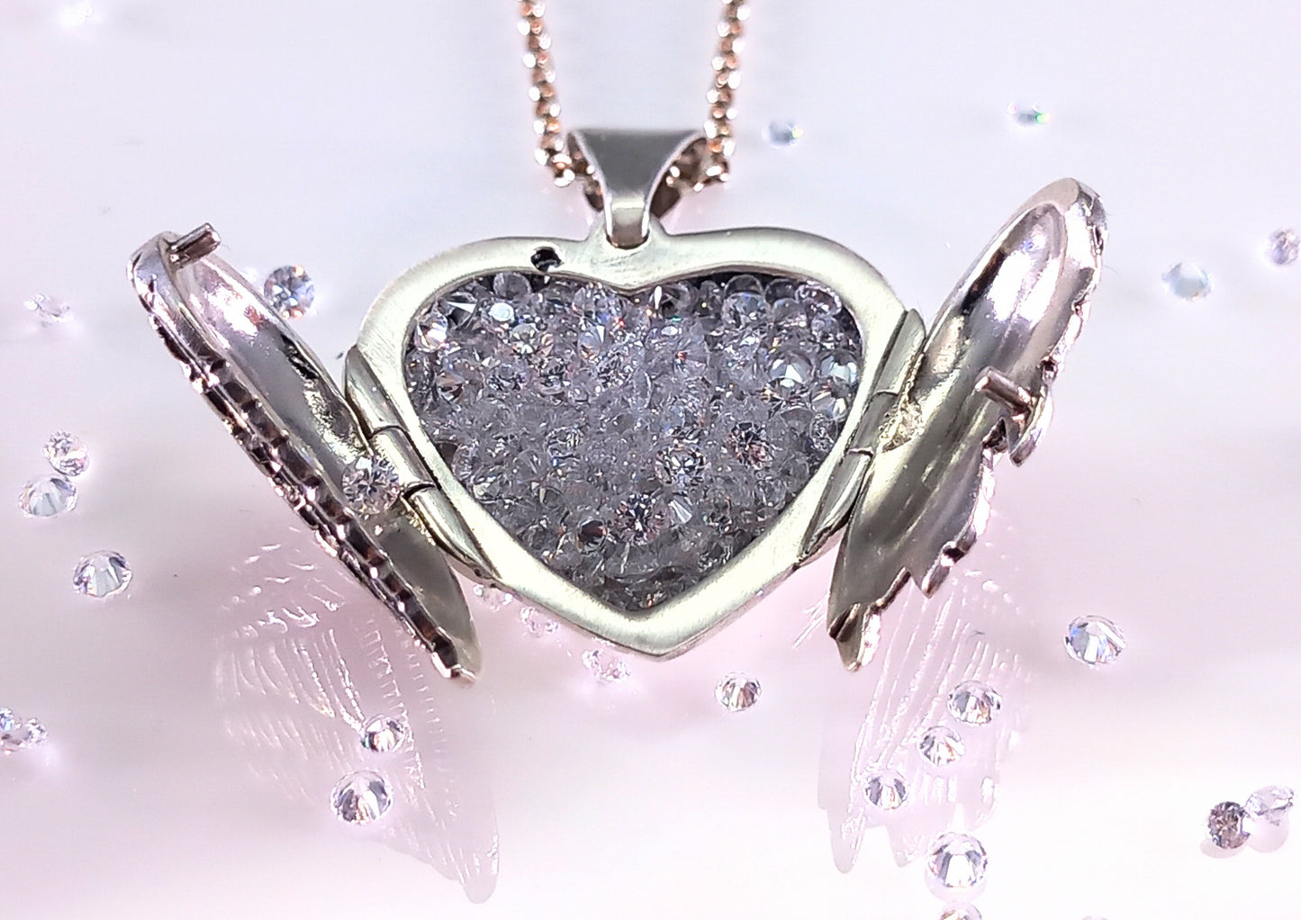Breaking Waves Cremation Jewellery Angel Wings Heart Shape Sterling Silver Necklace with Cubic Zirconia 