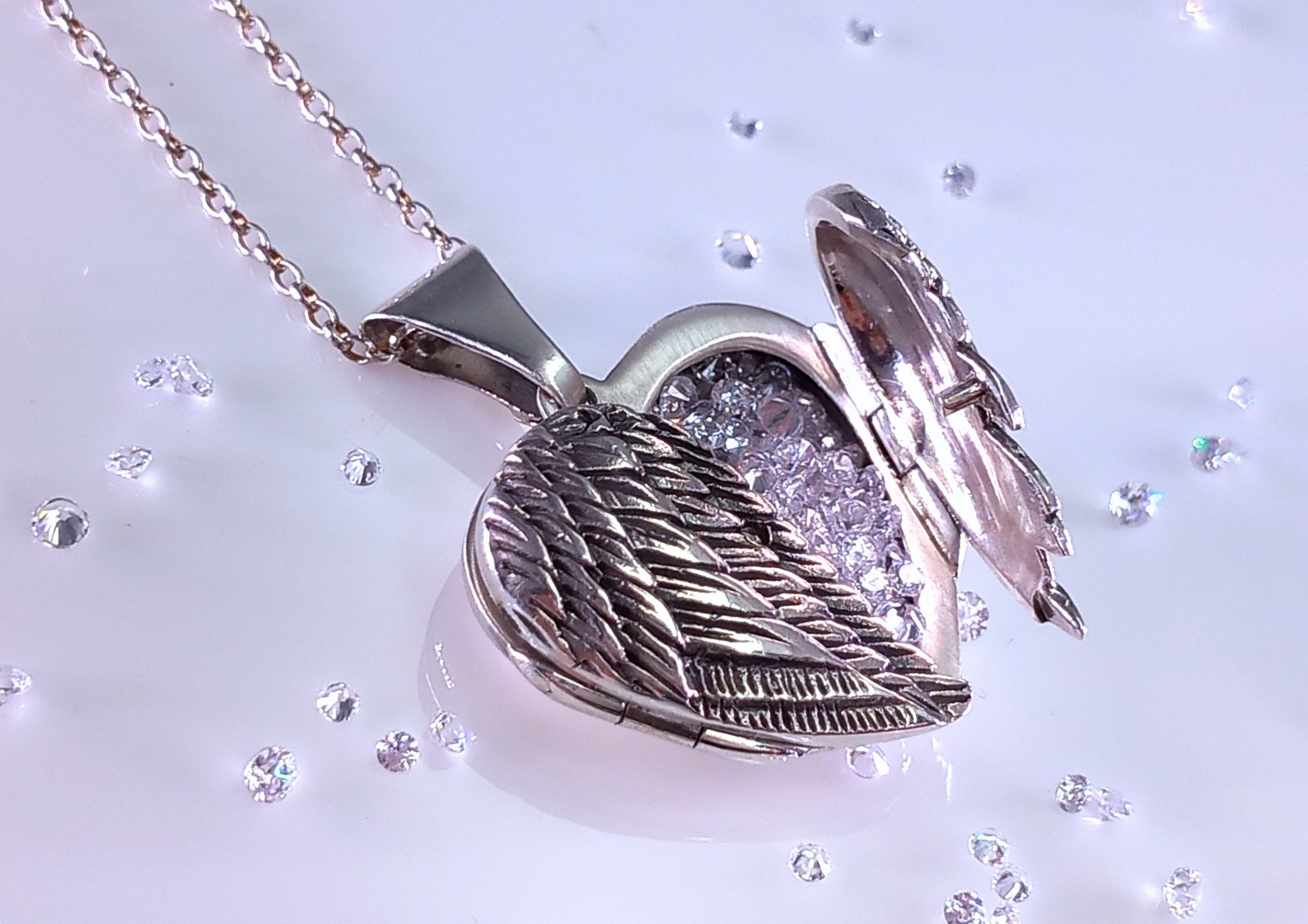Breaking Waves Angel Wings Heart Shape Sterling Silver Necklace with cubic Zirconia filling 