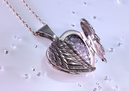 Breaking Waves Angel Wings Heart Shape Sterling Silver Necklace with cubic Zirconia filling 